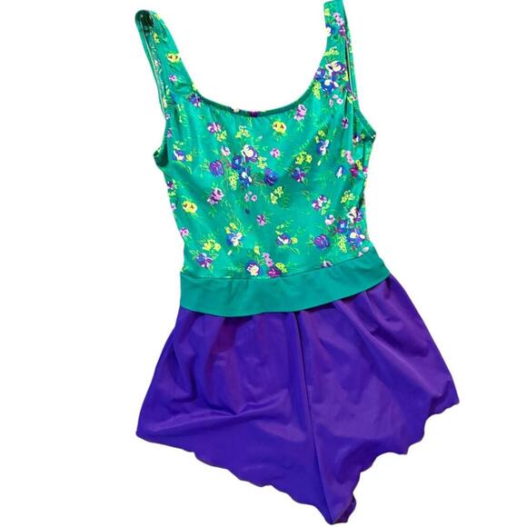 Sirena 80s Floral Skirted Swimsuit – Green & Purple Retro Swim Dress, Size 10 - Picture 1 of 6
